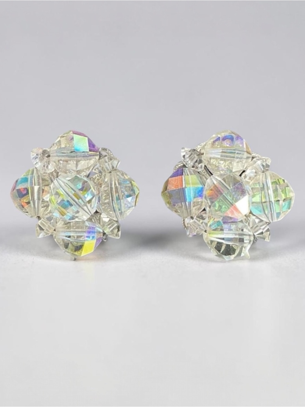 Vintage Iridescent Aurora Borealis Beaded Crystal Cluster Clip On Earrings